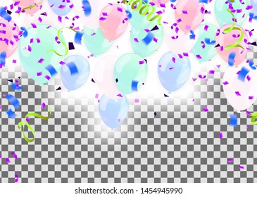 Stock vector illustration party flying purple and various colors realistic balloons. Defocused macro effect. Templates for placards, banners. New Year Funky Decoration. Hipster Seasonal Sale Confetti