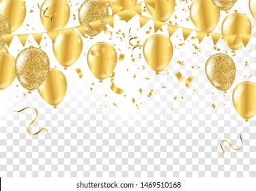 Stock vector illustration party flying Golden and various colors realistic balloons. Defocused macro effect. Templates for placards, banners. New Year Funky Decoration. Hipster Seasonal Sale Confetti