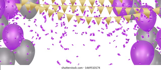 Stock vector illustration party flying purple and various colors realistic balloons. Defocused macro effect. Templates for placards, banners. New Year Funky Decoration. Hipster Seasonal Sale Confetti