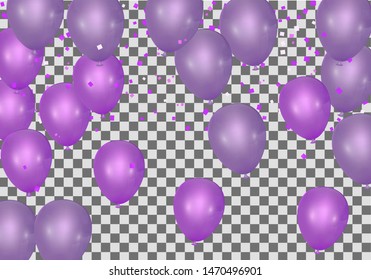 Stock vector illustration party flying purple and various colors realistic balloons. Defocused macro effect. Templates for placards, banners. New Year Funky Decoration. Hipster Seasonal Sale Confetti
