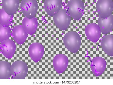 Stock vector illustration party flying purple and various colors realistic balloons. Defocused macro effect. Templates for placards, banners. New Year Funky Decoration. Hipster Seasonal Sale Confetti