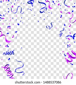 Stock vector illustration party flying purple and various colors realistic balloons. Defocused macro effect. Templates for placards, banners. New Year Funky Decoration. Hipster Seasonal Sale Confetti