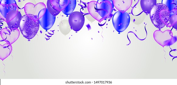 Stock vector illustration party flying purple and various colors realistic balloons. Defocused macro effect. Templates for placards, banners. New Year Funky Decoration. Hipster Seasonal Sale Confetti