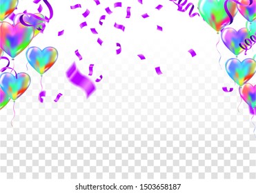 Stock vector illustration party flying purple and various colors realistic balloons. Defocused macro effect. Templates for placards, banners. New Year Funky Decoration. Hipster Seasonal Sale Confetti
