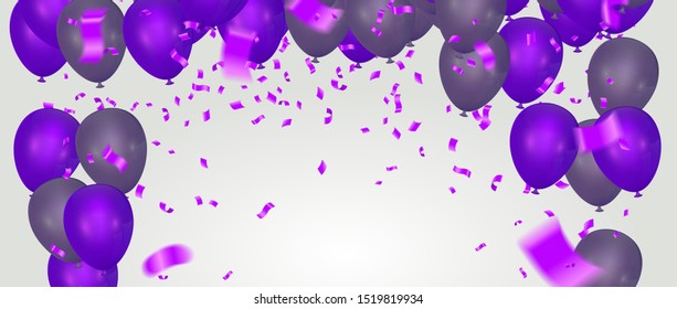 Stock vector illustration party flying purple and various colors realistic balloons. Defocused macro effect. Templates for placards, banners. New Year Funky Decoration. Hipster Seasonal Sale Confetti