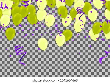 Stock vector illustration party flying Golden and various colors realistic balloons. Defocused macro effect. Templates for placards, banners. New Year Funky Decoration. Hipster Seasonal Sale Confetti