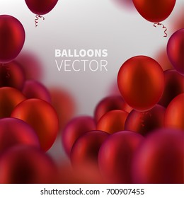 Stock vector illustration party flying red realistic balloons. Defocused macro effect. Templates for placards, banners, flyers, presentations and reports. EPS10