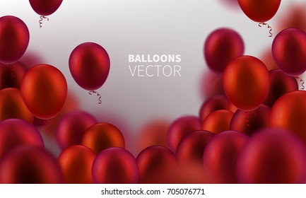 Stock vector illustration party flying red realistic balloons. Defocused macro effect. Templates for placards, banners, flyers, presentations and reports. EPS10