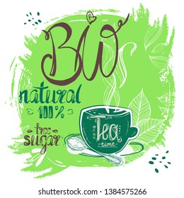 Stock vector illustration pattern hand drawn tea pair, bio tea leaves, free sugar, natural.