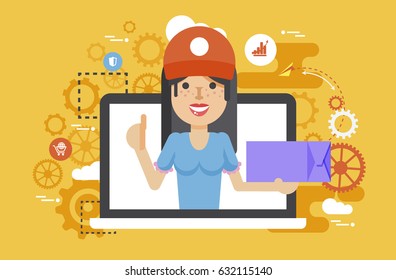 Stock vector illustration peddler parcels carrier woman packaging box in hand thumbs up design element for delivery service business online order, booking, management flat style yellow background icon
