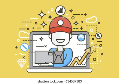 Stock vector illustration peddler parcels carrier man packaging box in hand design, element for delivery service business, discount online order, booking management linear style yellow background icon