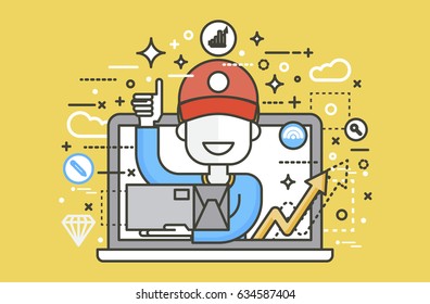 Stock vector illustration peddler parcels carrier man packaging box in hand thumbs up design element for delivery service business, online order, booking management linear style yellow background icon