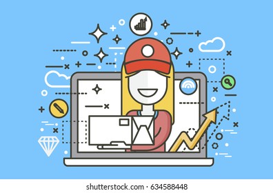 Stock vector illustration peddler parcels carrier woman packaging box in hand design, element for delivery service business discount online order booking management linear style yellow background icon