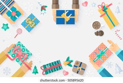 Stock vector illustration of people who are getting ready for the New Year and hands wrap boxes with Christmas gifts and decorative elements in a flat style on a light background top view