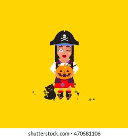 Stock vector illustration a pirate girl character for halloween in a flat style