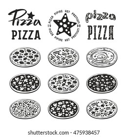 Stock vector illustration of pizza varieties. Black print on white background