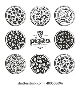 Stock vector illustration of pizza varieties. Black print on white background