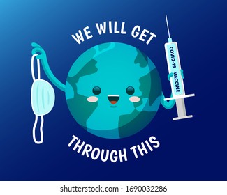 Stock vector illustration of a planet earth, happy and hopeful because he is beating coronavirus