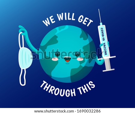 Stock vector illustration of a planet earth, happy and hopeful because he is beating coronavirus