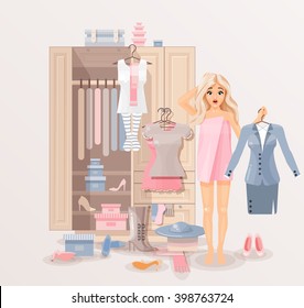 Stock vector illustration of puzzled girl after shower wrapped in towel near closet with huge selection of scattered clothing and shoes for infographic, website, icon, games, motion design, video