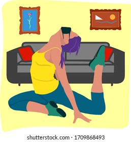 Stock vector illustration of quarantine home fitness. The girl is training, doing stretching.