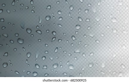 Stock vector illustration rain realistic water droplets on the glass Isolated on a transparent checkered background. EPS10