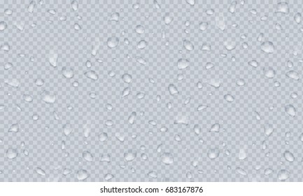 Ilustración vectorial de las existencias llueve gotas de agua realistas en el vidrio Aislado sobre un fondo transparente a cuadros. EPS10