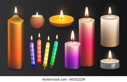 Stock vector illustration realistic 3D set multicolor candles Isolated on a transparent checkered background. Candle flame. Decorative scented paraffin wax candle light and candlestick. EPS10