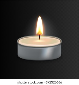 Stock vector illustration realistic 3D aluminium burning tea candle Isolated on a transparent checkered background.