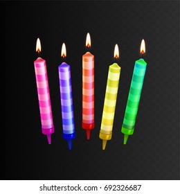 Stock vector illustration realistic 3D Birthday set multicolor candles Isolated on a transparent checkered background.
