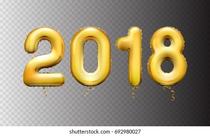 Stock vector illustration realistic 3D gold metallic numbers balloons 2018 Isolated on a transparent checkered background. Happy New Year. Greeting card, poster, brochure or flyer template. EPS10
