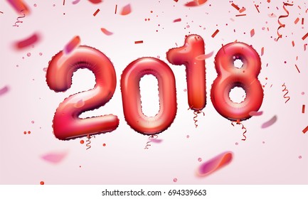 Stock vector illustration realistic 3D red numbers balloons 2018. Shiny, sparkly typeface red leaf. Balloons Isolated on white background. Greeting card, poster, brochure or flyer template. EPS10