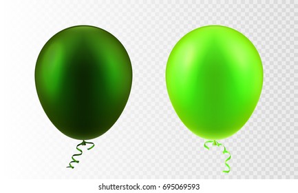 Stock Vector Illustration Realistic 3D Inflatable Air Flying Set Balloon Colorful Frosted Light And Dark Lime Green Isolated Transparent Checkered Background. Postcard Design Element. EPS10