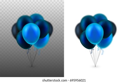 Stock vector illustration realistic 3D Inflatable flying set balloons colorful frosted light and dark blue Isolated transparent checkered background. Party bunch of balloons. Postcard design element.