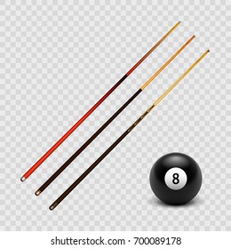 Stock vector illustration realistic billiard, pool cue set and the ball 8 Isolated on a transparent checkered background. EPS10