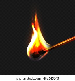 Stock vector illustration realistic burning match isolated on a transparent background. Fire. EPS 10