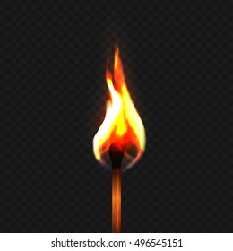 Stock vector illustration realistic burning match isolated on a transparent background. Fire. EPS 10