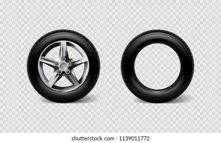 Stock vector illustration realistic car wheels set tyre bus, truck isolated on transparent checkered background. EPS10