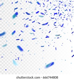 Stock vector illustration realistic dark blue confetti, glitters Isolated on a transparent checkered background. Festive background. Holiday decorative tinsel element for design. EPS 10