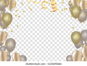 Stock vector illustration realistic defocused golden confetti Gold. Transparent and Striped Balloons. Vector illustration
