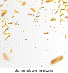 Stock vector illustration realistic defocused golden confetti, glitters Isolated on a transparent checkered background. Festive background. Holiday decorative tinsel element for design. EPS 10