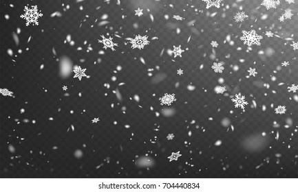 Stock vector illustration realistic defocused falling snow. Snowflakes, snowfall. Transparent background. Fall of snow. EPS 10