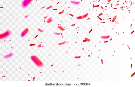 Stock vector illustration realistic defocused red and pink confetti, glitters Isolated on a transparent checkered background. Festive background. Holiday decorative tinsel element for design. EPS10