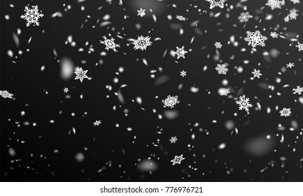 Stock vector illustration realistic defocused falling snow. Snowflakes, snowfall. Black background. Fall of snow. EPS 10