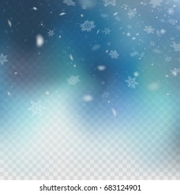 Stock vector illustration realistic falling snow. Snowflakes, snowfall, winter, overlay. Transparent checkered background. Fall of snow. EPS 10