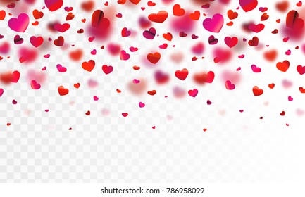 Stock vector illustration realistic falling shiny red hearts isolated on a transparent background. Valentine Day background. Symbol of love for the label gift packages Design element for greeting card
