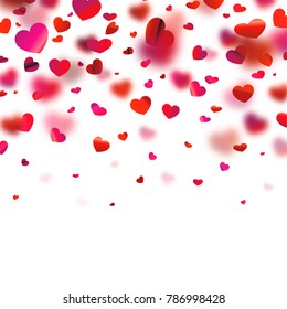 Stock vector illustration realistic falling shiny red hearts isolated on a transparent background. Valentine Day background. Symbol of love for the label gift packages Design element for greeting card