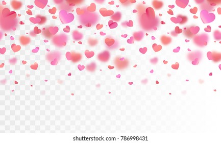 Stock vector illustration realistic falling shiny pink hearts isolated transparent background. Valentine Day background. Symbol of love for the label gift packages Design element for greeting card