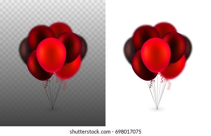 Stock vector illustration realistic Inflatable flying set balloons colorful frosted light and dark red Isolated transparent checkered background. Party bunch of balloons. Postcard design element.