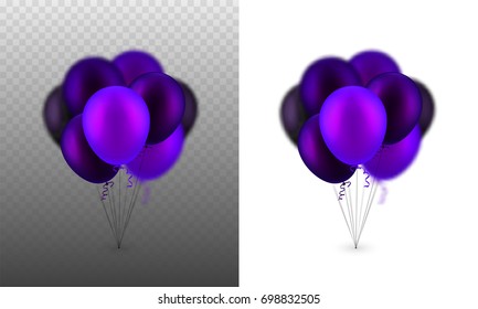 Stock vector illustration realistic Inflatable flying set balloons colorful frosted light and dark purple Isolated transparent checkered background. Party bunch of balloons. Postcard design element.